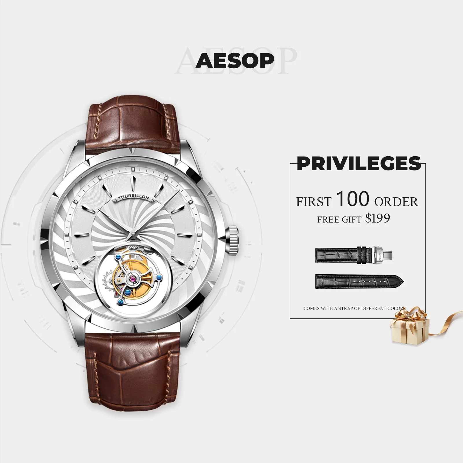 AESOP luxury men's mechanical watch manual tourbillon movement fashionable spiral pattern design waterproof watch