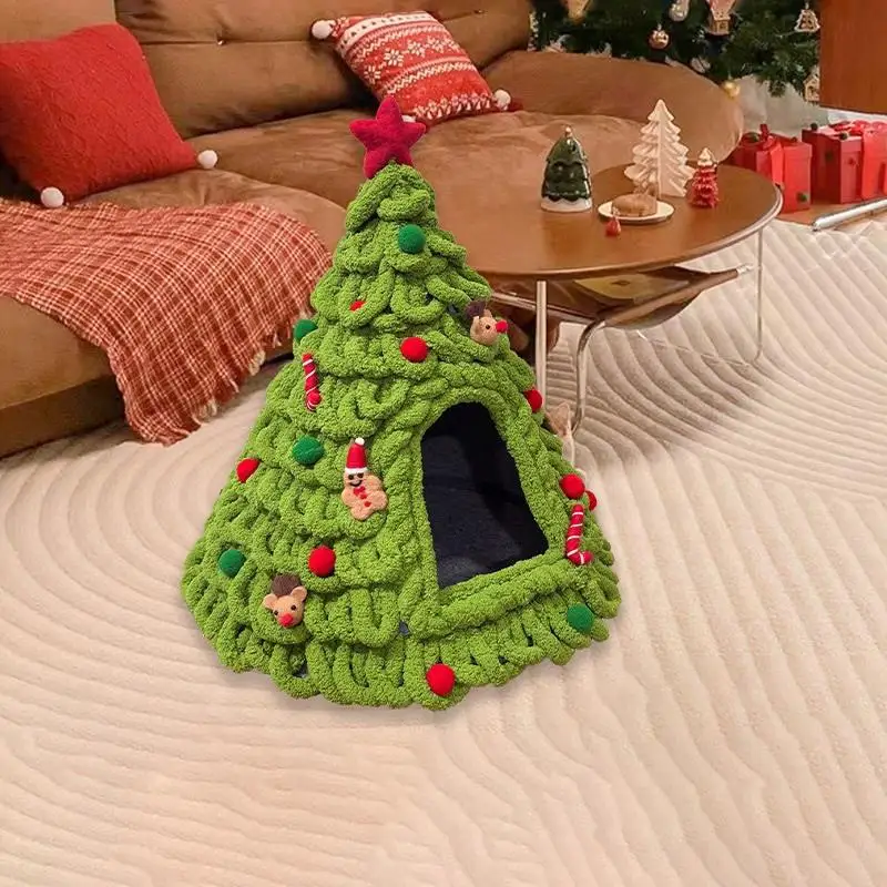 Winter Christmas Tree Cat Nest Handmade Diy Material Winter Warm Semi-enclosed Dog House Felt Cone Pet House