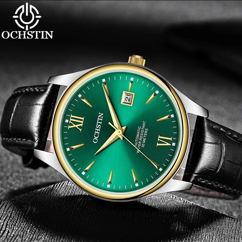 OCHSTIN Men's Motorcycle Style Trendy Fashionable Watches Man Automatic Mechanical Movement Genuine Leather Strap Wristwatch