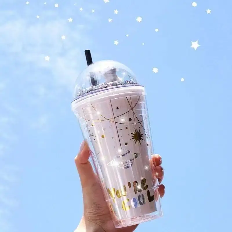 

2023 Plastic Water Cup Double-layer Summer Astronaut Landscape Ice Cup High Capacity Student Bottle with Lids & Straw Drinkware