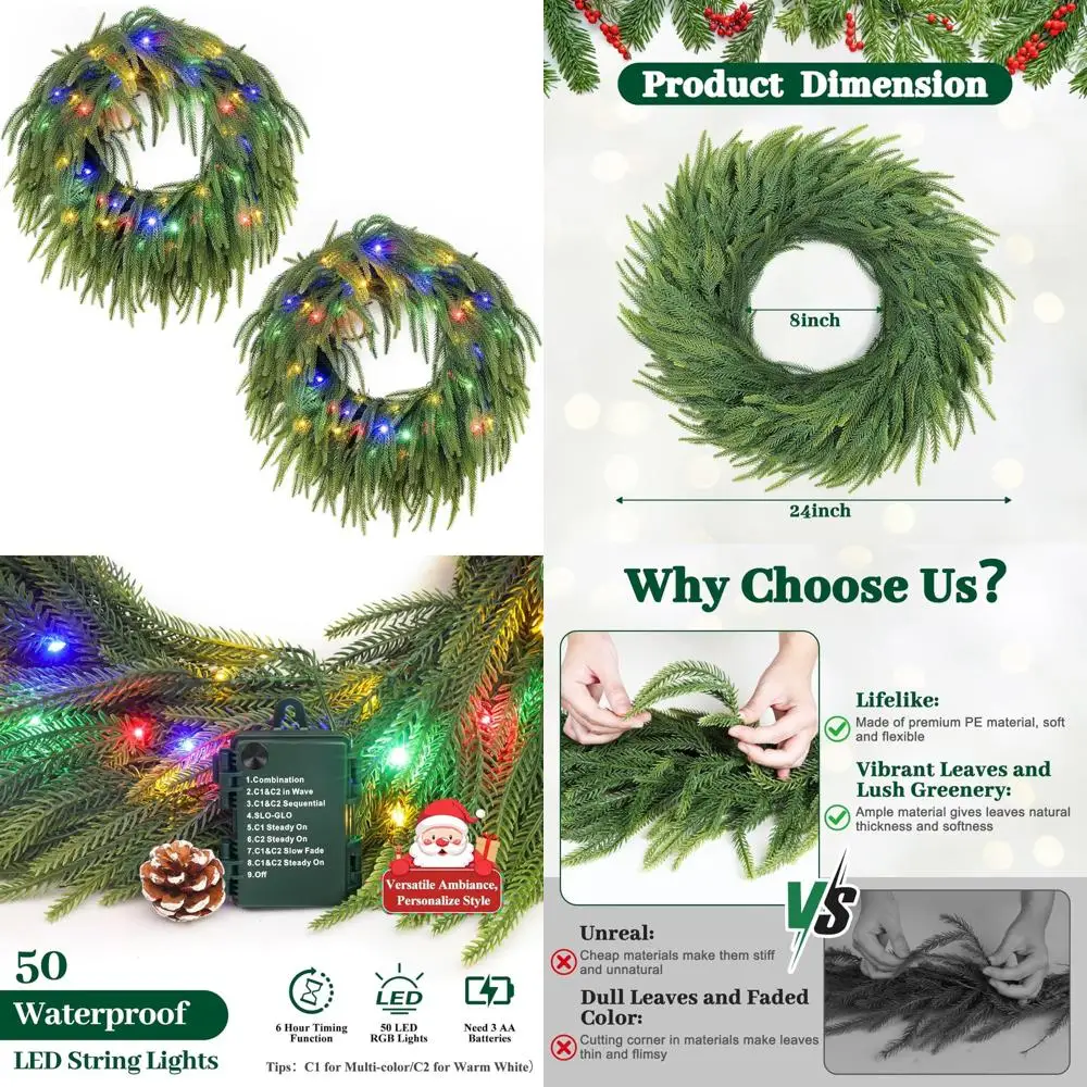 

Battery Operated LED RGB Lighted Artificial Norfolk Pine Christmas Wreath, 24 Inches for Front Door Decor