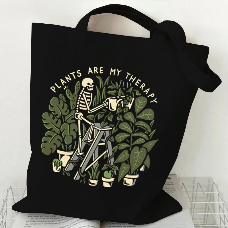 Crazy Plants Canvas Tote Bag Women Vintage Skull Handbag I Need Is Coffee and Plants Print Tote Bag Skeleton Plants Shoulder Bag