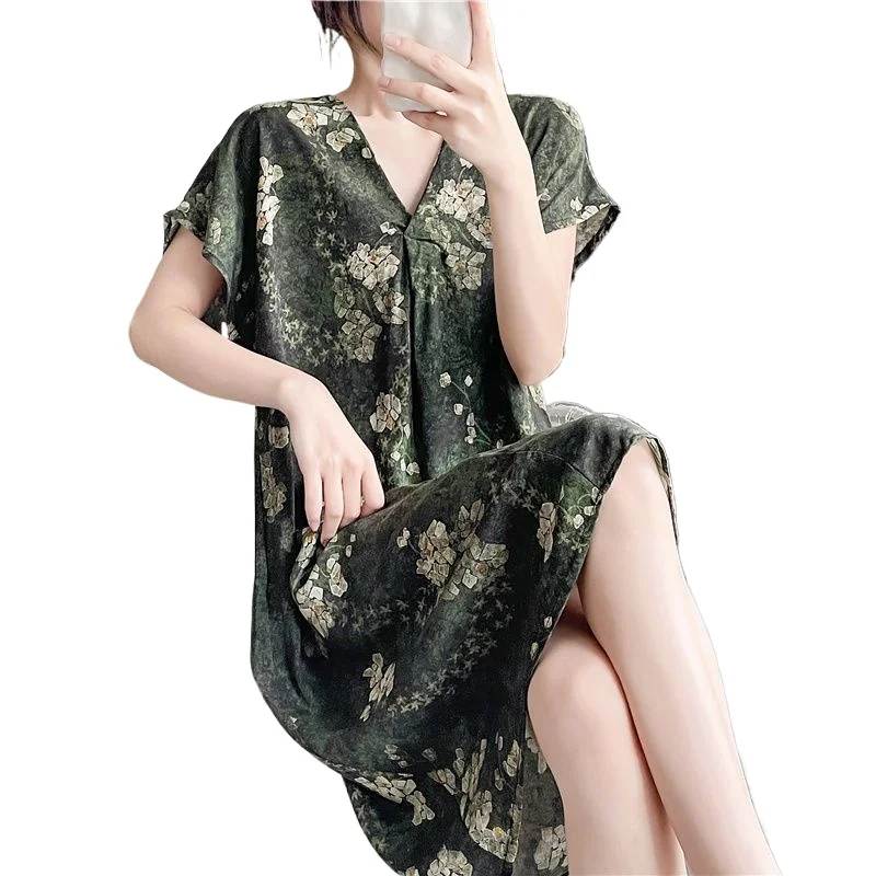 Cotton and Silk Nightgown Women's Summer New Short-sleeved Cartoon Printed Pajamas Korean Version Large Size Loose  Loungewear