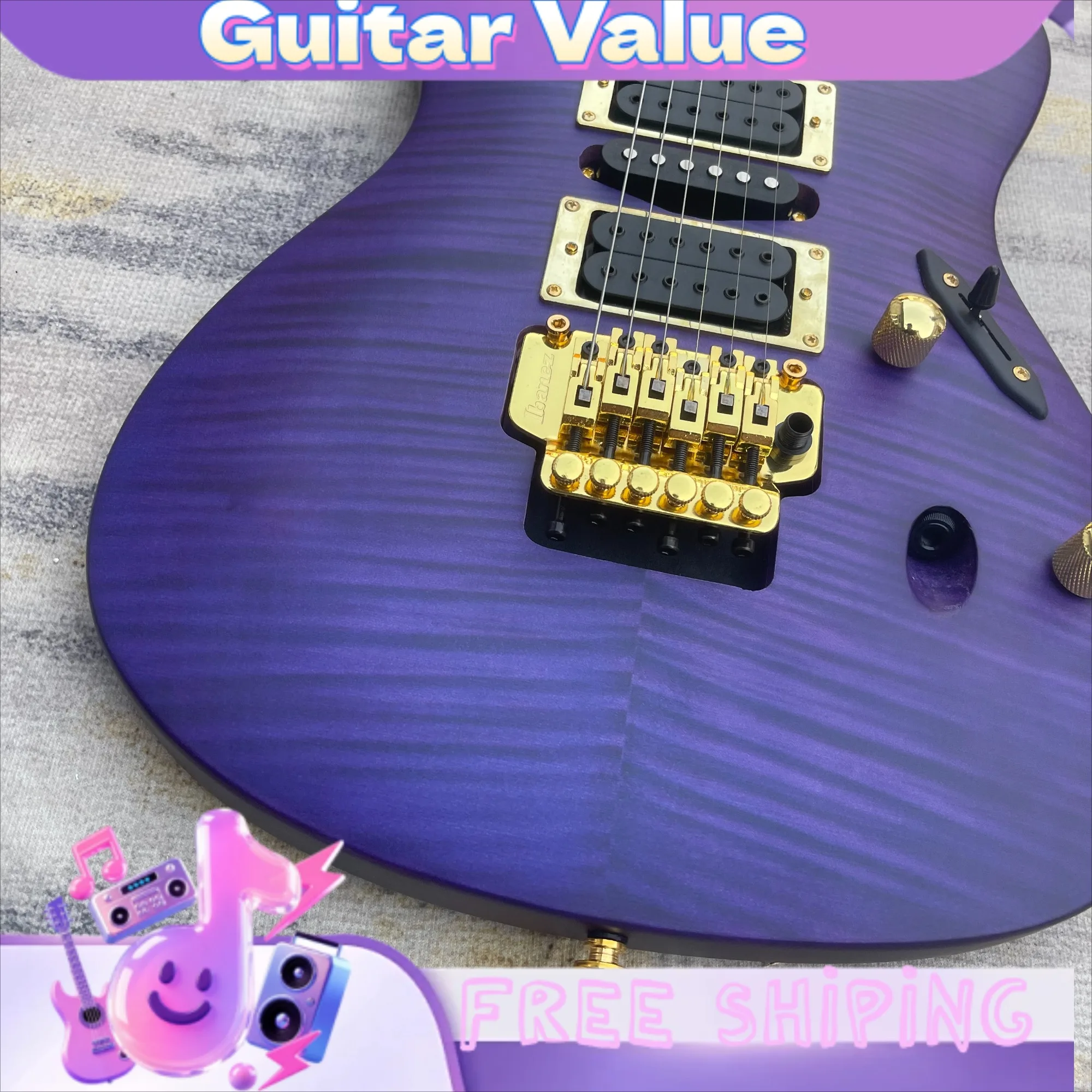 Matte Purple Tiger Stripe Electric Guitar 24 Frets Abalone Oval Inlays Passive Pickups Configuration Double-Locking Tremolo