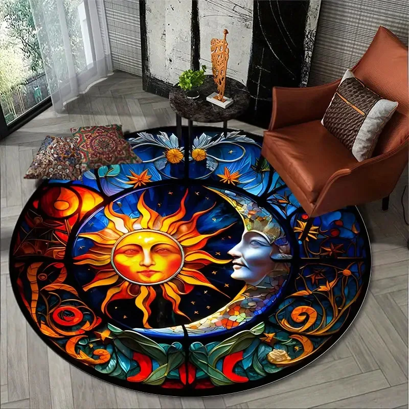 Colorido decorativo vintage celestial sol lua tapete redondo estrela mapa terra decoração de casa para sala estar quarto