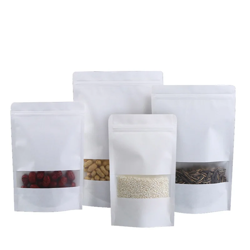 10/20pcs White Vertical Zipper Kraft Paper Window Bags Gift Candy Dry Food Tea Packaging Bags Moisture-proof Self-sealing Bags
