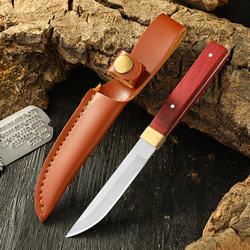 Red Wood Handle Fruit Knife for Household Outdoor Camping Meat Cutting Small Straight Knife Portable Mini Knife BBQ Tool