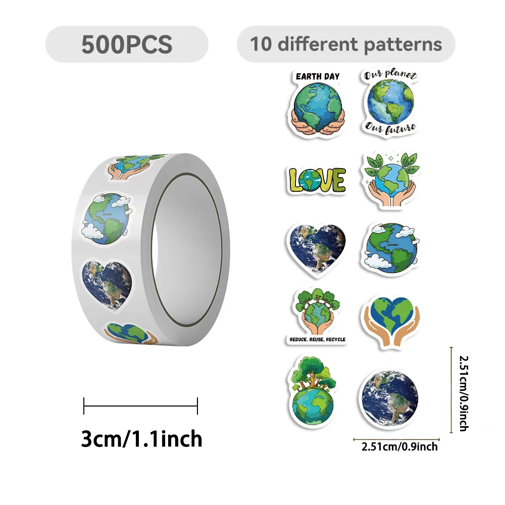 500PCS Earth Day Eco Friendly Stickers Roll Waterproof Self Adhesive Decals for Environmental Activities and DIY Scrapbooking