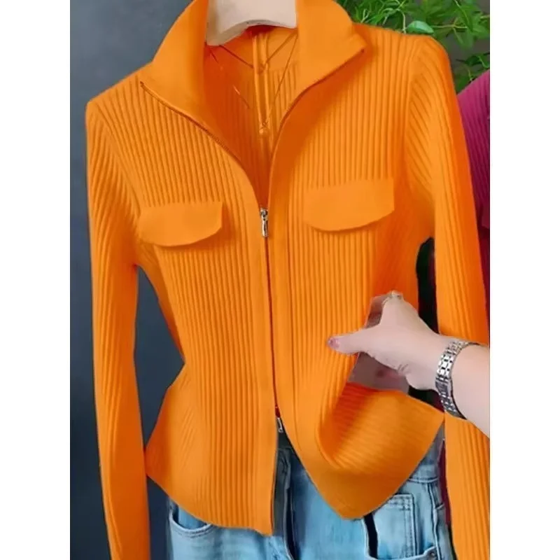 Spring Autumn Women Knitted Sweater Cardigan Short Jacket 2026 New Korean Fashion Zipper Solid Turn-Down Knit Coat Female Tops