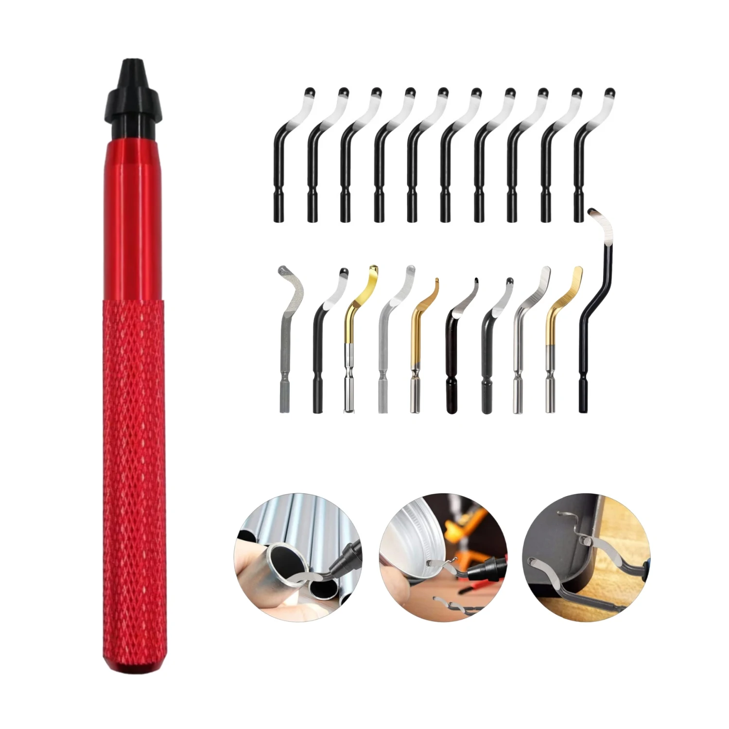 Burr Remover Hand Tool with 20PCS Mix Blades RB1200 Deburring Tool Kit Metal Handle for Wood Plastic Aluminum Copper and Steel