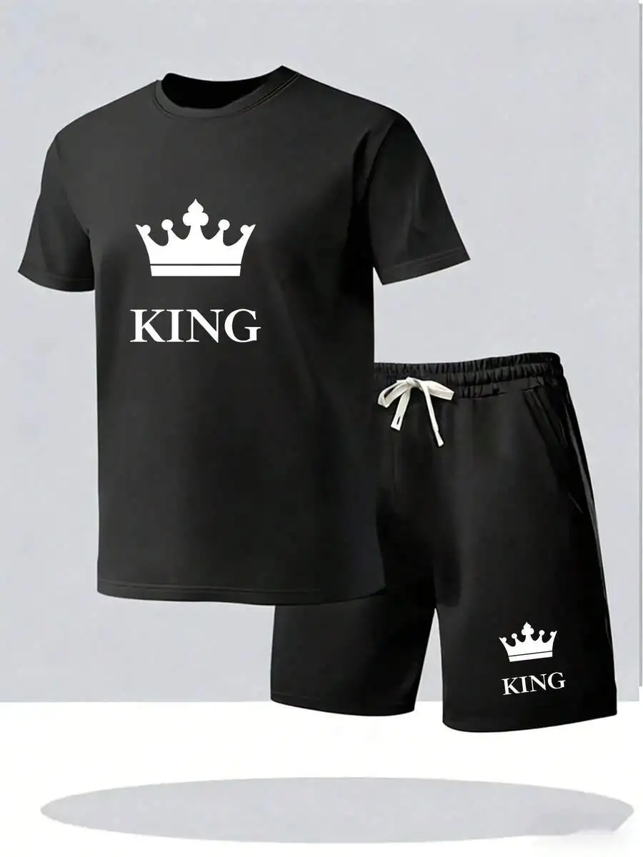 

2-Piece Mens Summer Lounge Set: Crew Neck Tee & Drawstring Waist Shorts, Knit Polyester, Crown And KING Graphic Print