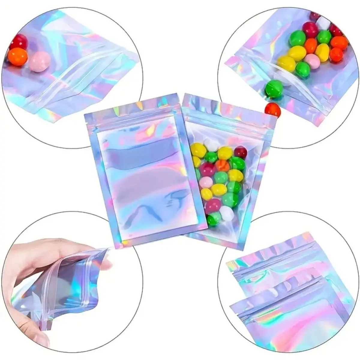 100-piece holographic bag, multi-size laser rainbow pattern self-sealing bag, suitable for candy bag and front window samples