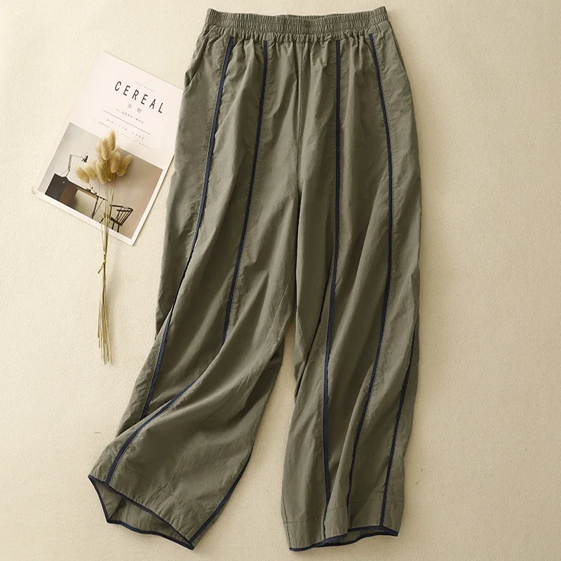 

Casual Cotton Linen Wide Leg Pants Nine Points Elastic Waist Commute Leisure Workwear Harlan Pants Spring Summer Faionable ...