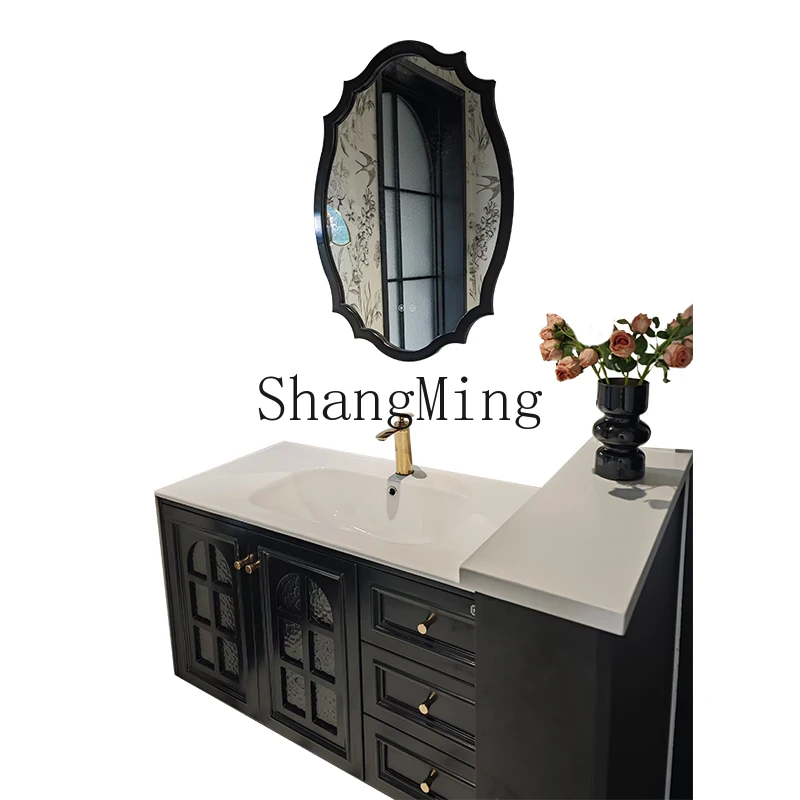 

LXY retro style bathroom cabinet half wall dry area ceramic integrated basin washstand bathroom cabinet combination
