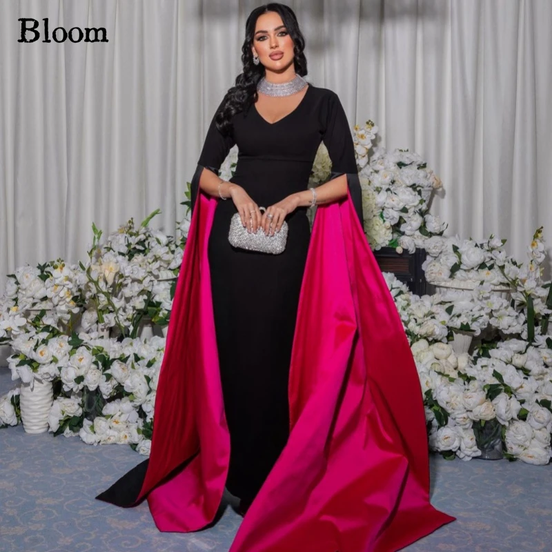 Saudi Arabia V-Neck Prom Dresses Black Sheath Long Split Sleeves Rose Red Gorgeous Formal Evening Dresses wedding Party Dress