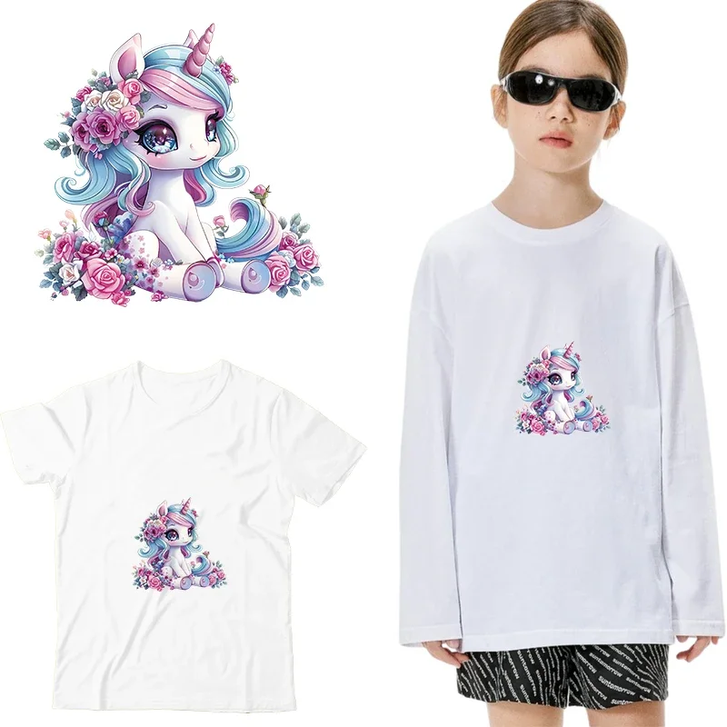 Cartoon Unicorn in the Garden Iron On Patch Heat Transfer On children Clothes dtf ready to press Heat Transfer Printing