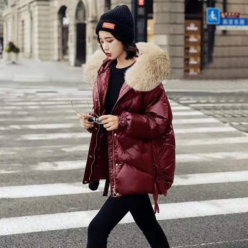 2023 inverno piumino di cotone donna Casual allentato addensare caldo parka collo di pelliccia cappotto con cappuccio cappotto impermeabile rosso vino femminile