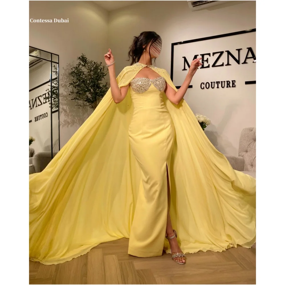 Contessa Dubai Yellow Glitter Strapless Wedding Dress With a Shawl vestidos de noche Satin Side Slit فساتين سهرة Customized 2025