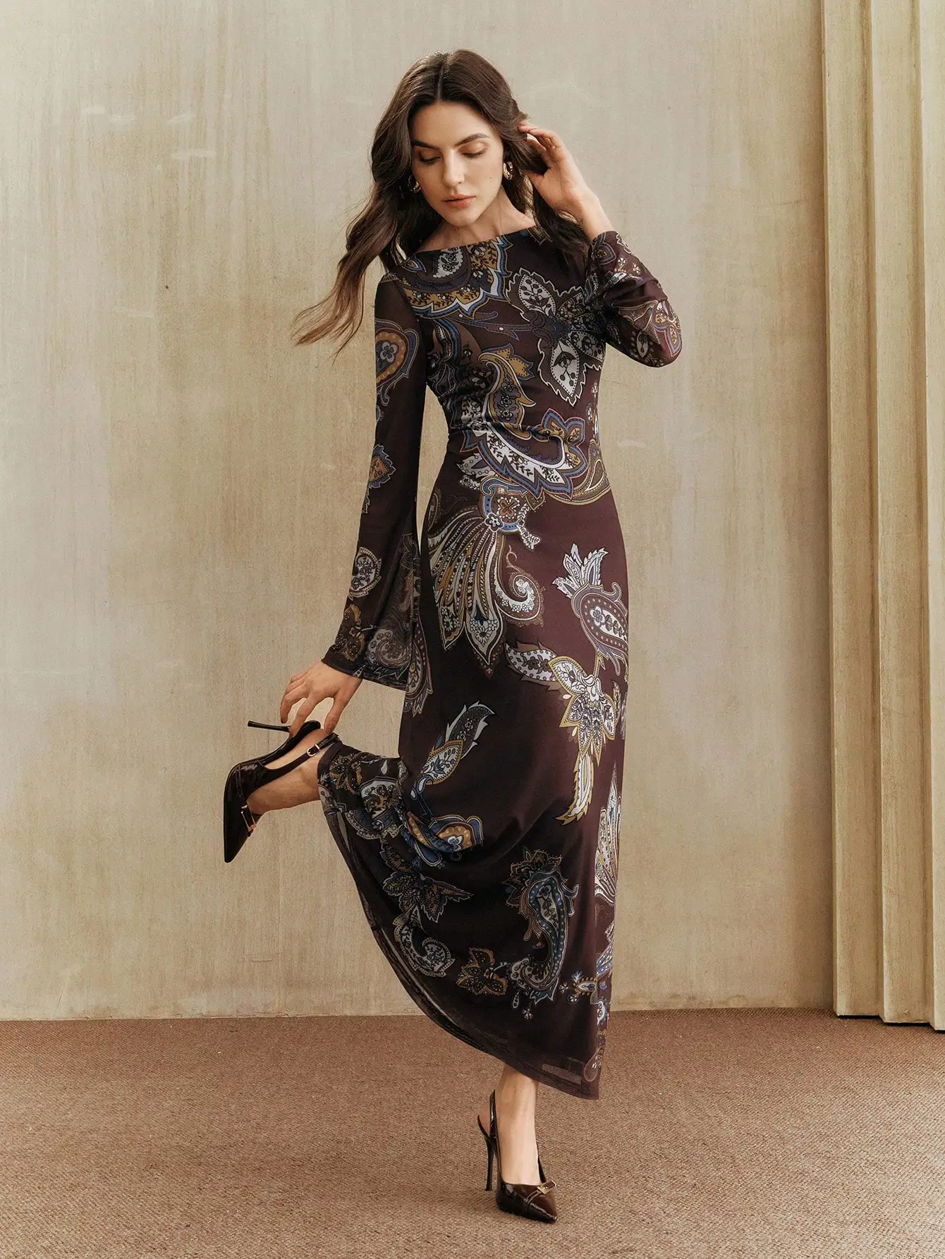 

Elegant Paisley Print Long Sleeve Midi Dress for Spring Summer