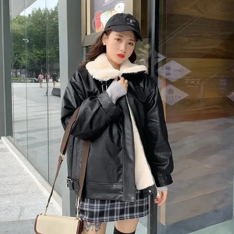 2025 หญิงหลวมซิปหนัง Outcoat ผู้หญิงเกาหลี Patchwork เสื้อหนัง Faux ฤดูใบไม้ร่วงฤดูหนาวผู้หญิงกํามะหยี่ PU หนังแจ็คเก็ต