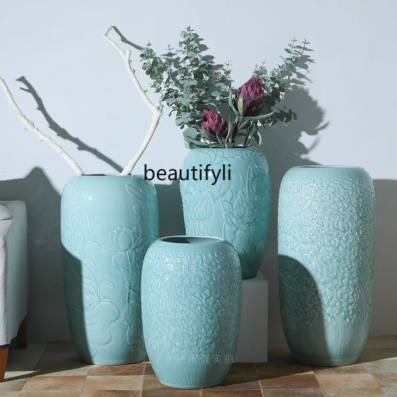 Jingdezhen Ceramics Floor Large Vase Decoration Living Room Flower Arrangement Modern Minimalist Hotel Sample Room Decoration