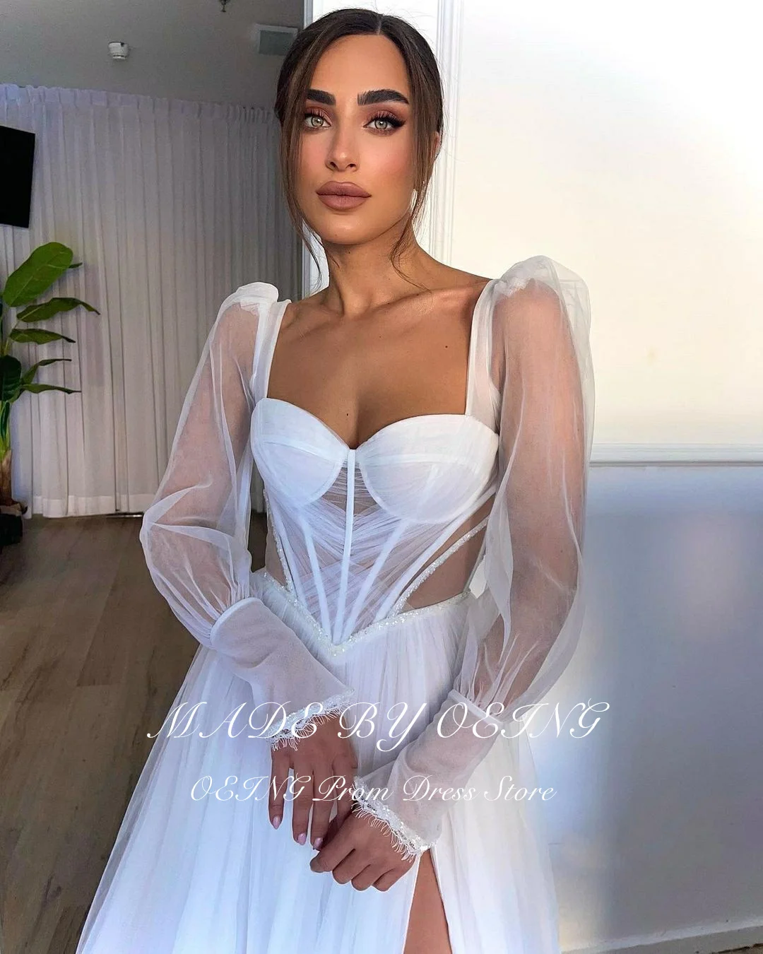 OEING Sexy Off the Shoulder A Line Wedding Dresses Elegant High Split Long Sleeves Bridal Prom Gowns Vestidos De Novia