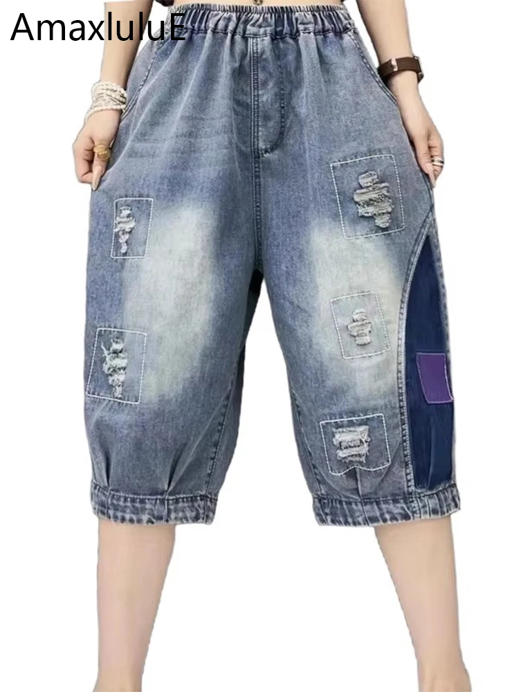 

Amax luluE 2024 Korean Summer Denim Pants Women Fashion Loose Holes Design Jeans Ladies Vintage Harem Trousers Casual Streetwear