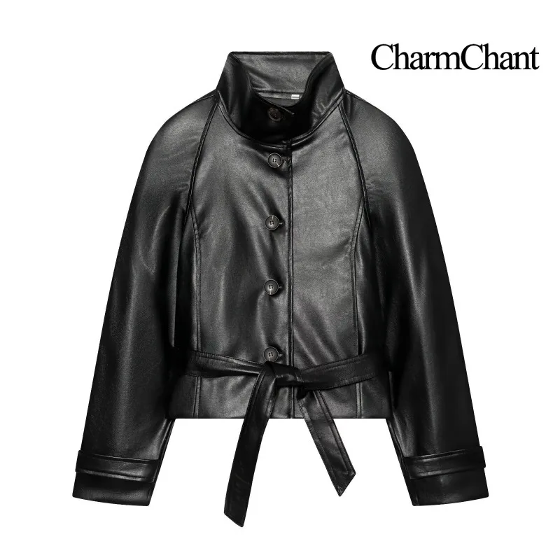 CHARMCHANT Women's Faux Leather Jacket Stand Collar Button Up Tie Waist Cropped Oversized Biker Coat Chic Streetwear Fall 2026