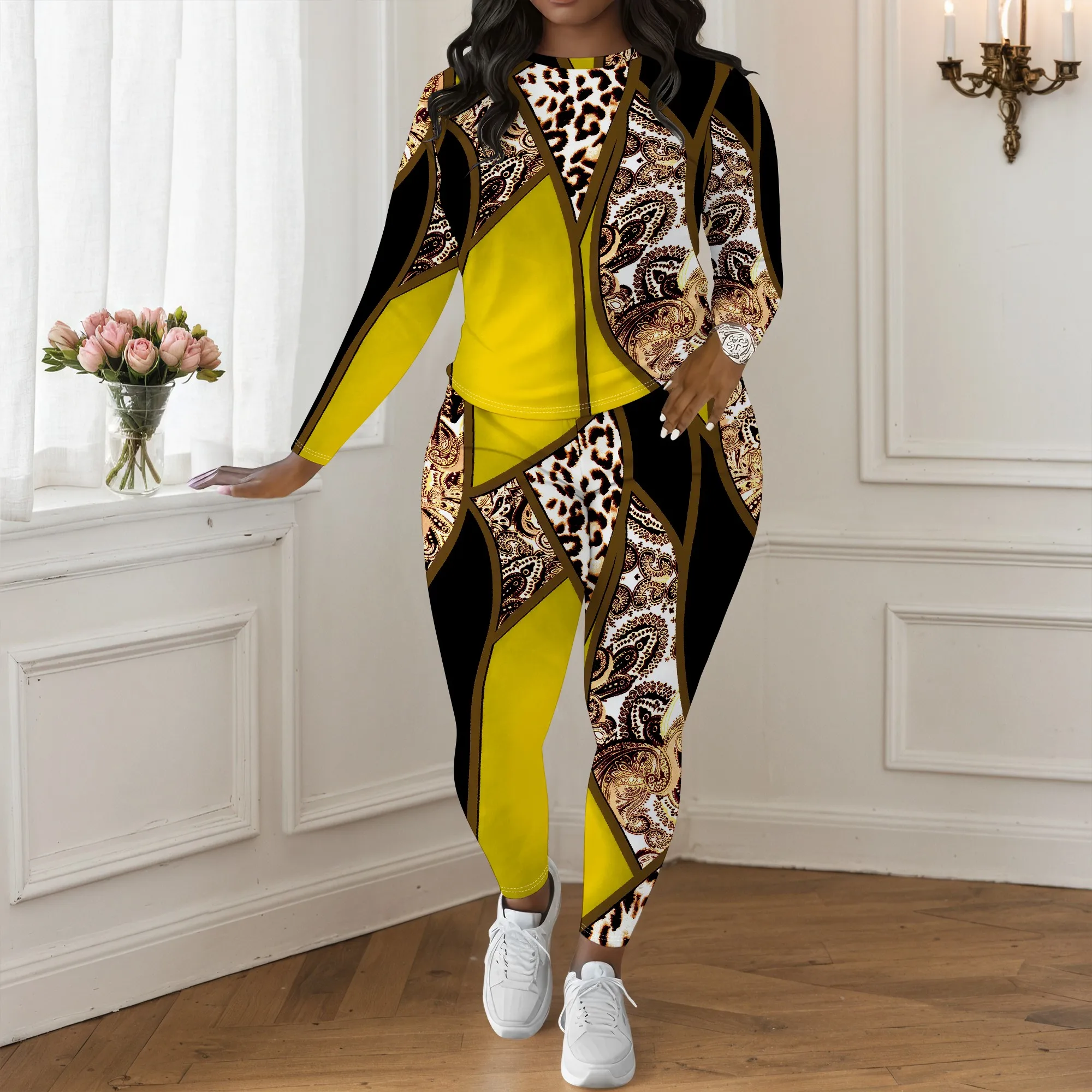 

Women's Long Sleeved Two-Piece Set, 3D Fashionable Pattern Printed Long Sleeved Two-Piece Set, Casual And Relaxed Style.