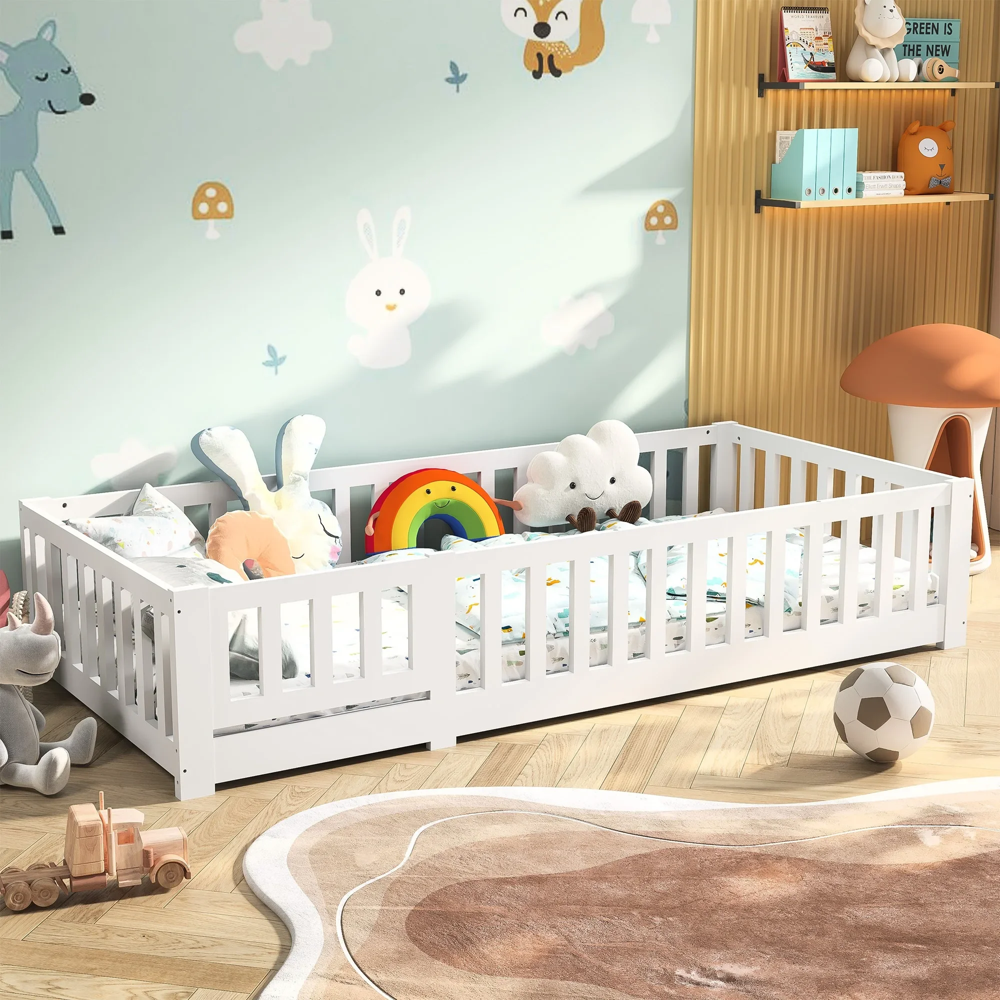 Lit de sol Montessori Fangange pour enfants, 140 x 200 cm, protection anti-chute amovible, cadre à lattes extra-résistant enroulable, convertible