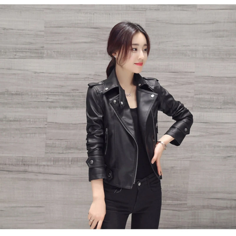 New Spring and Autumn Women Slim Motorcycle Leather Jacket Casual Versatile PU Coat