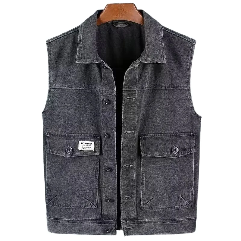 

Denim Cargo Vest for Men Streetwear Sleeveless Waistcoat Loose Fit Jacket Fashion Casual Multi-Pocket Utility Top