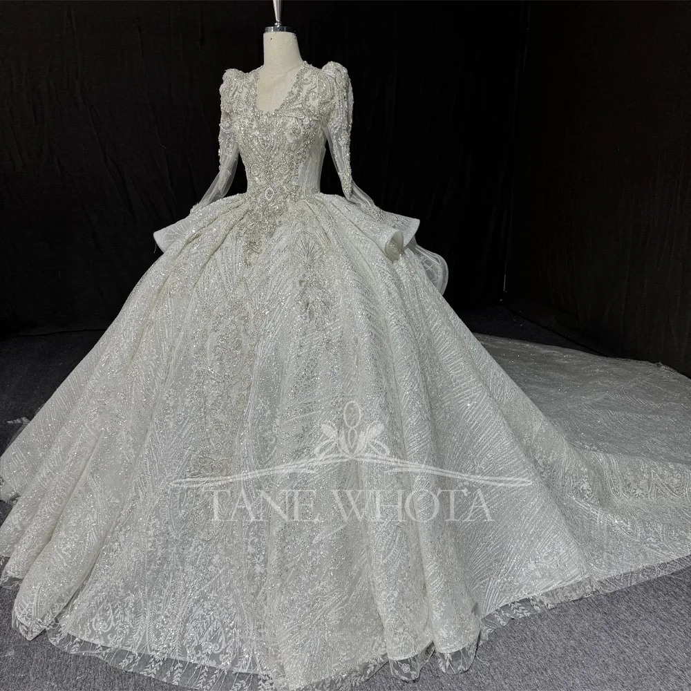 Luxury V-Neck Long Sleeve Wedding Dress Beaded Crystal Sequined Lace Up Keyhole Back Customizable Gown For Brides