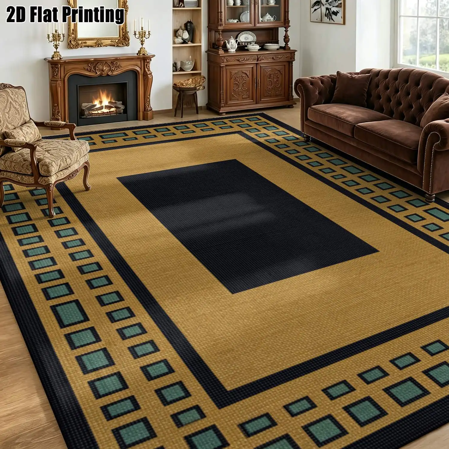1Pc 2D Printed Carpet: Black & Gold Geometric Border, Modern Minimalist Vintage European Style, Multi-Size Machine Washable, for Home Decor, Entrance, Living Room, Bedroom, Dining Room & Study