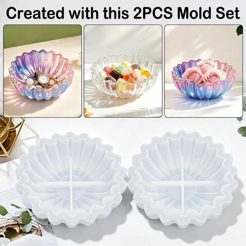 2Set of resin silicone molds for flower pots，Epoxy resin mold tray，With wavy edge design，ApplicableDIYJewelry storage，Used for c