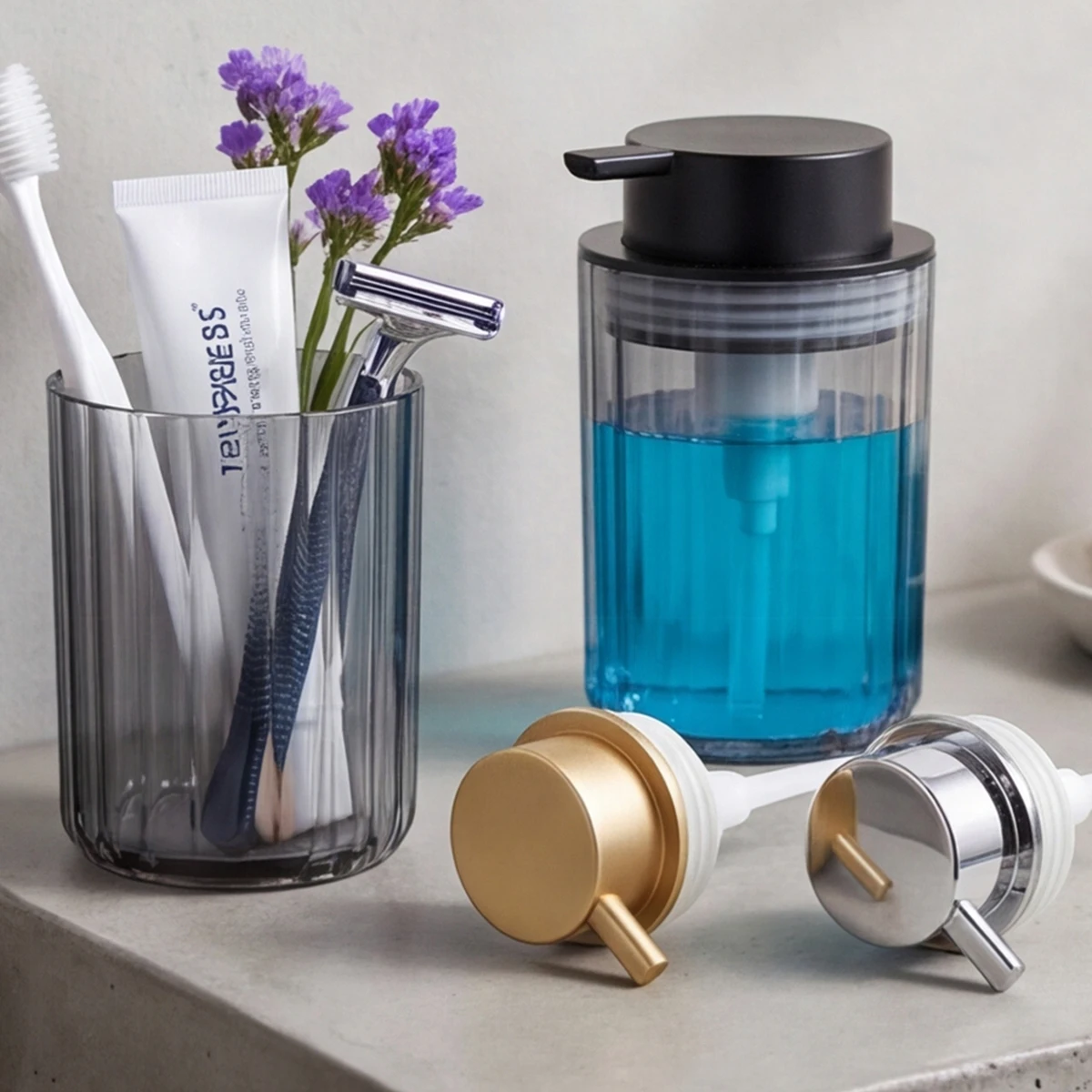 Elegantes Badezimmer-Zubehör-Set, 2-teilig Schaumseifenspender & Zahnbürstenhalter, Waschtisch-Organizer für Heim- und Küchendekoration