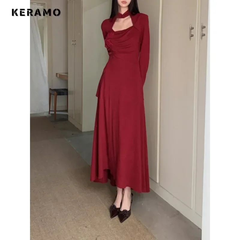 Vintage seksowne z długim rękawem kwiatowe aplikacje Slim Fit sukienki Midi 2023 wiosna damski elegancki kwadratowy kołnierzyk czerwona sukienka trapezowa