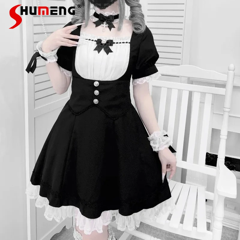 

Japanese Subculture Mine Series Gray Black Slim Fit Waist Maid Dress 4pcs Sets Lolita Zipper Long Knee Length Kawaii Vestidos