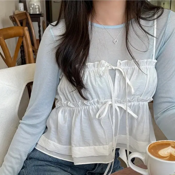 

Chic Spring Summer Sweet Lace Trim Sexy Knot Tied Bandage Front Ba Layered Strap Vest Women's Korean Sle Straig...