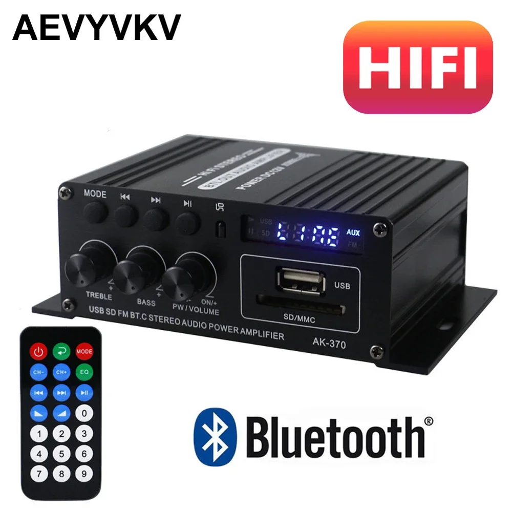 

Sound Amplifier AK370 Bluetooth 5.0 Amplifiers HIFI 2.0 Channel Audio Amp Treble Bass Adjustment Support RCA SD USB Audio Input