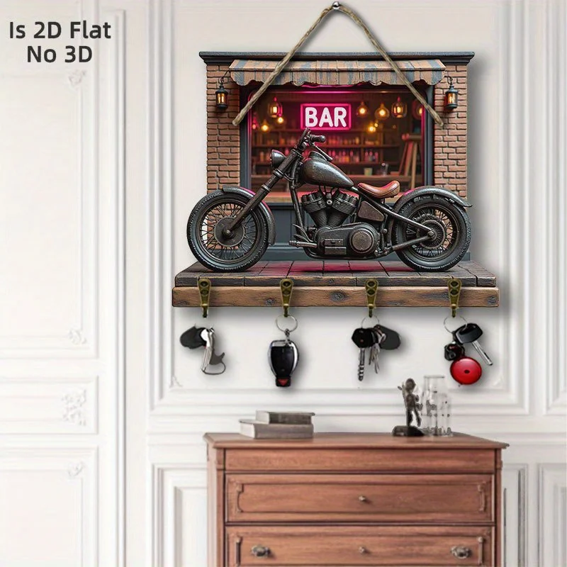 2D Motorcycle Handlebar Key Pattern Wooden Key Hook Multifunctional Household Key Rack With Four Metal Hooks Wall Hanging Decor