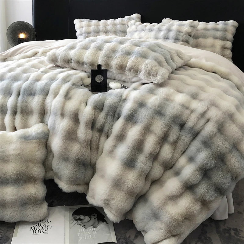 Shaggy Faux Rabbit Fur Velvet Fleece Bedding Set, Plush Duvet Cover, Bed Sheet, Pillowcases, Gradient Color, Ultra Soft