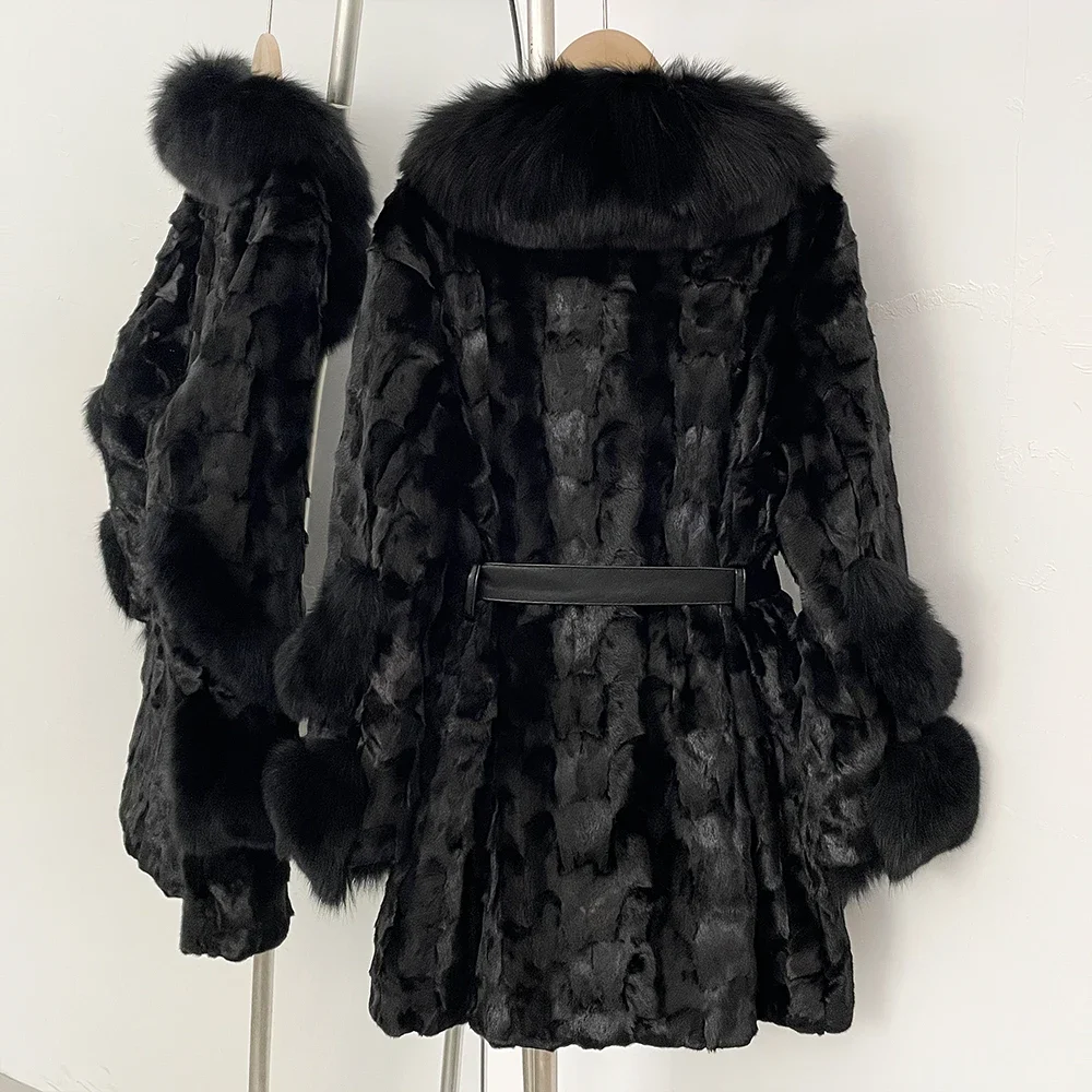 الواقع معطف الفرو للنساء منتصف طول حزام جلد فرو المنك الحقيقي شتاء جديد سميكة الدافئة الإناث الطبيعية الثعلب الفراء سترة الإناث #4