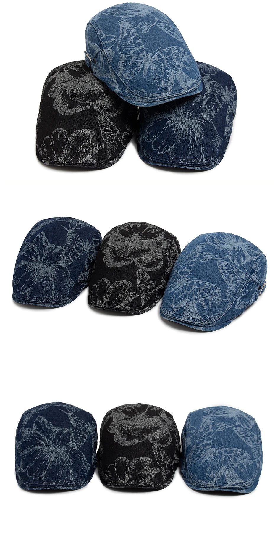 Vintage Denim Drucke Schmetterling Berets Frauen Zeitungsjunge Mütze Sommer Casual Single Layer Caps Herbst Baumwolle Visier Flachen Hut Für Unisex – Detail 7