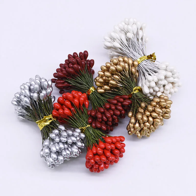 50/100pcs Artificial Flower Stamen Berries Bundle Gold Silver Double Heads Cherry Stamen DIY Christmas Wedding Wreath Decoration