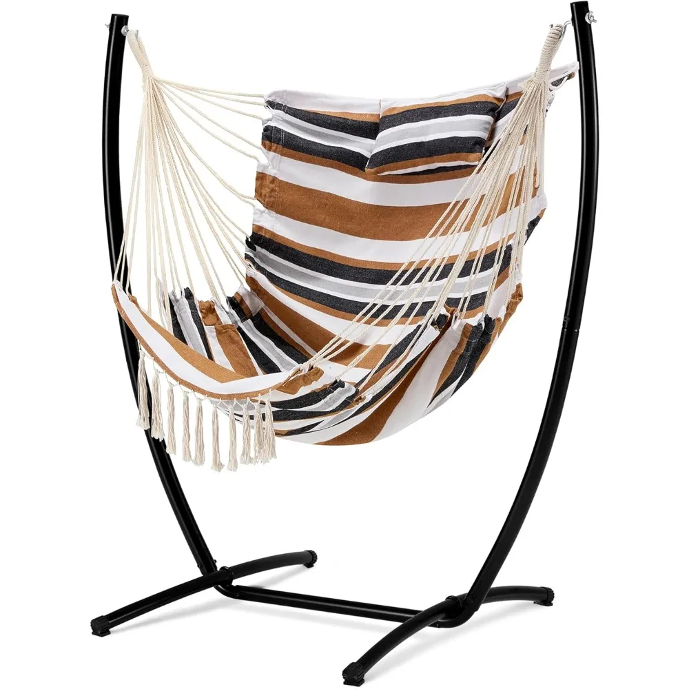 Hammock Chair with Stand Hanging Chair Flow Bohemian Hand Indoor Outdoor,with Headrest and Side Pockets,Maximum Load Capacity330