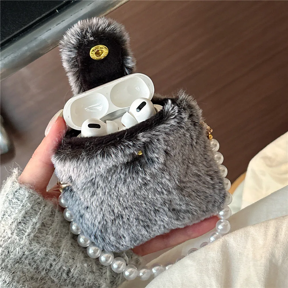 Multifunctional Fluffy Plush Coin Purse Case For Airpods Pro Case Airpods 4 Case Airpods 3 2 1 Protective tote bag Pearl Chain