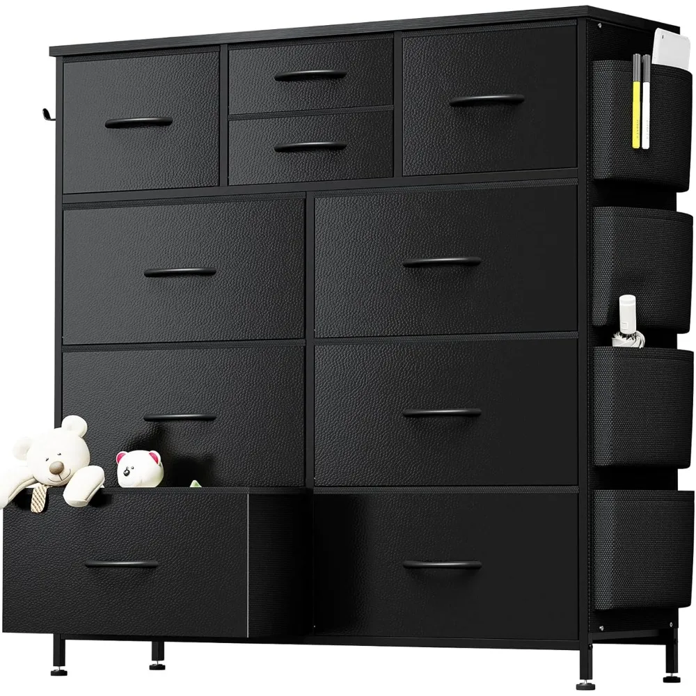 10 Drawer Dresser, Chest of Drawers for Bedroom, PU Dresser with Side Pockets, Hooks, Wooden Top and Sturdy Metal Frame