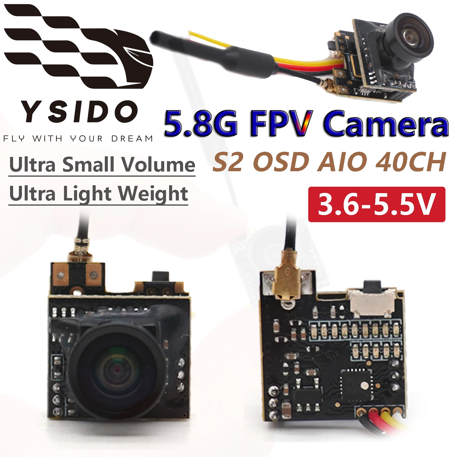 

YSIDO Remote Control Model Drone S2 OSD AIO 5.8G 40CH FPV Mini HD Camera 800TVL lens 3.6-5.5V for RC Quadcopter Racing Parts
