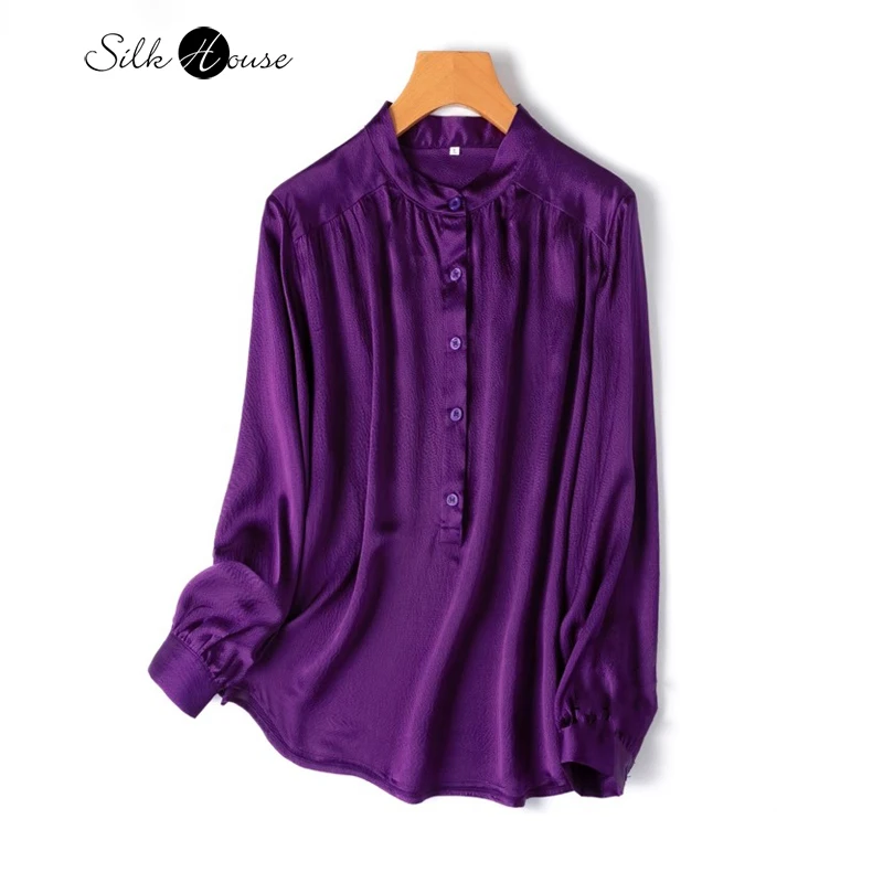 

2024 Women's Fashion Spring New Luxury Texture 19MM 100%Natural Mulberry Silk Pearl Satin Standing Neck Long Sleeve Loose Top